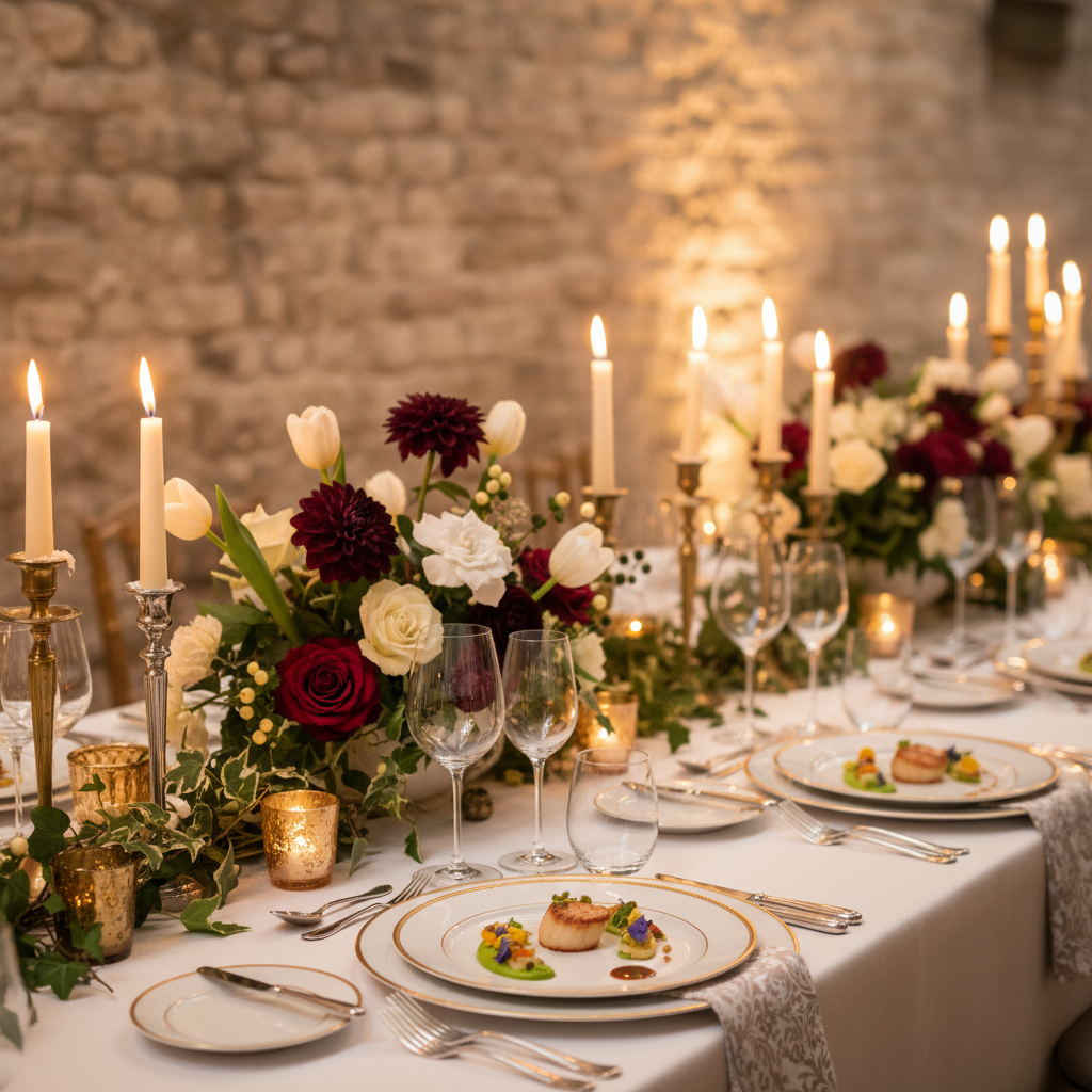 Table de réception mariage élégante avec décoration florale bordeaux et ivoire, plats gastronomiques et bougies dans un château belge